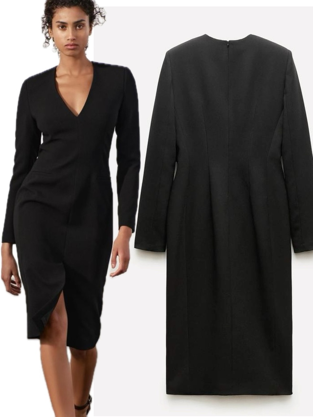 Zara ZW Collection Black Crepe V-Neck Long Sleeve Midi Dress Size Large Shift